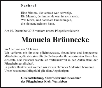 Traueranzeige von Manuela Brünnecke  von Magdeburger Volksstimme