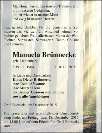 Traueranzeige von Manuela Brünnecke (geb. Lichtenberg)  von Magdeburger Volksstimme