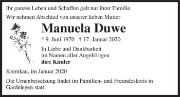Traueranzeige von Manuela Duwe  von Magdeburger Volksstimme