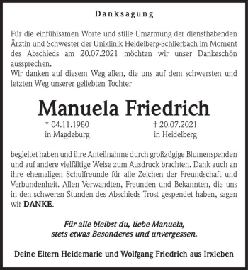 Traueranzeige von Manuela Friedrich  von Magdeburger Volksstimme