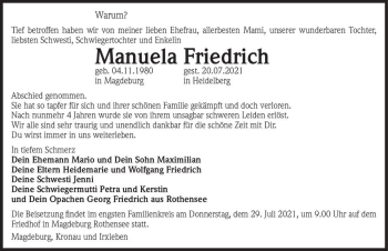 Traueranzeige von Manuela Friedrich  von Magdeburger Volksstimme
