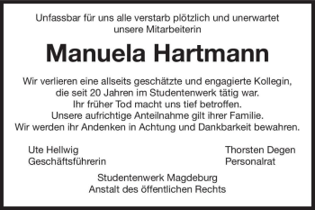 Traueranzeige von Manuela Hartmann  von Magdeburger Volksstimme