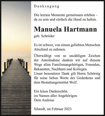 Traueranzeige von Manuela Hartmann (geb. Schröder)  von Magdeburger Volksstimme