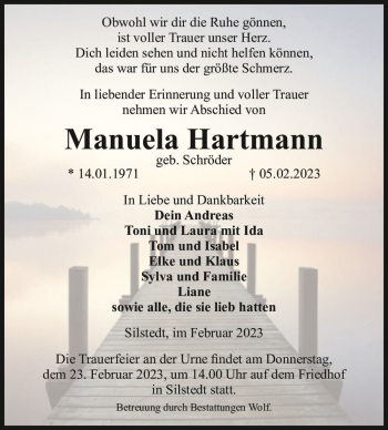 Traueranzeige von Manuela Hartmann (geb. Schröder)  von Magdeburger Volksstimme