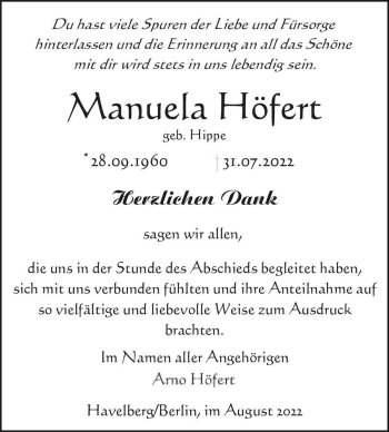 Traueranzeige von Manuela Höfert (geb. Hippe)  von Magdeburger Volksstimme
