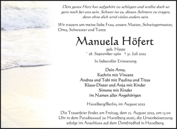 Traueranzeige von Manuela Höfert (geb. Hippe)  von Magdeburger Volksstimme