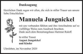 Traueranzeige von Manuela Jungnickel  von Magdeburger Volksstimme