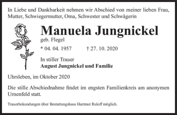 Traueranzeige von Manuela Jungnickel (geb. Flegel)  von Magdeburger Volksstimme