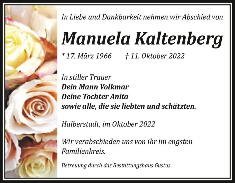  Traueranzeige für Manuela Kaltenberg  vom 15.10.2022 aus Magdeburger Volksstimme
