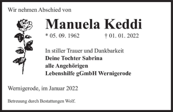 Traueranzeige von Manuela Keddi  von Magdeburger Volksstimme