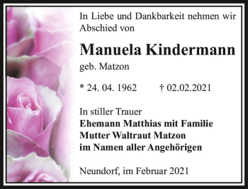 Traueranzeige von Manuela Kindermann (geb. Matzon)  von Magdeburger Volksstimme