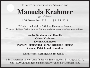 Traueranzeige von Manuela Krahmer (geb. Günnel)  von Magdeburger Volksstimme