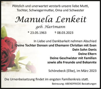 Traueranzeige von Manuela Lenkeit (geb. Hartmann)  von Magdeburger Volksstimme