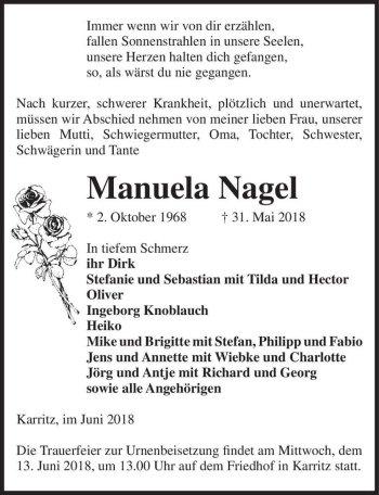 Traueranzeige von Manuela Nagel  von Magdeburger Volksstimme
