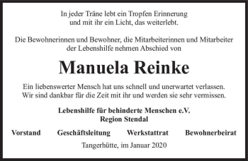 Traueranzeige von Manuela Reinke  von Magdeburger Volksstimme