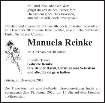 Traueranzeige von Manuela Reinke  von Magdeburger Volksstimme