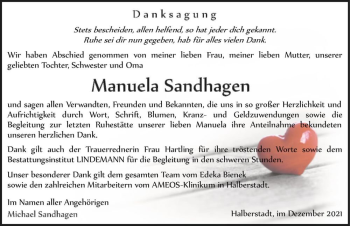 Traueranzeige von Manuela Sandhagen  von Magdeburger Volksstimme