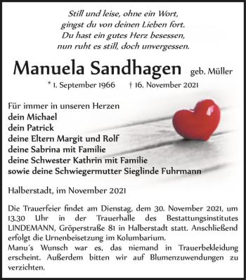 Traueranzeige von Manuela Sandhagen (geb. Müller)  von Magdeburger Volksstimme