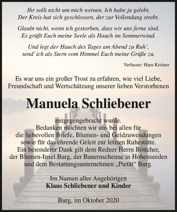 Traueranzeige von Manuela Schliebener  von Magdeburger Volksstimme