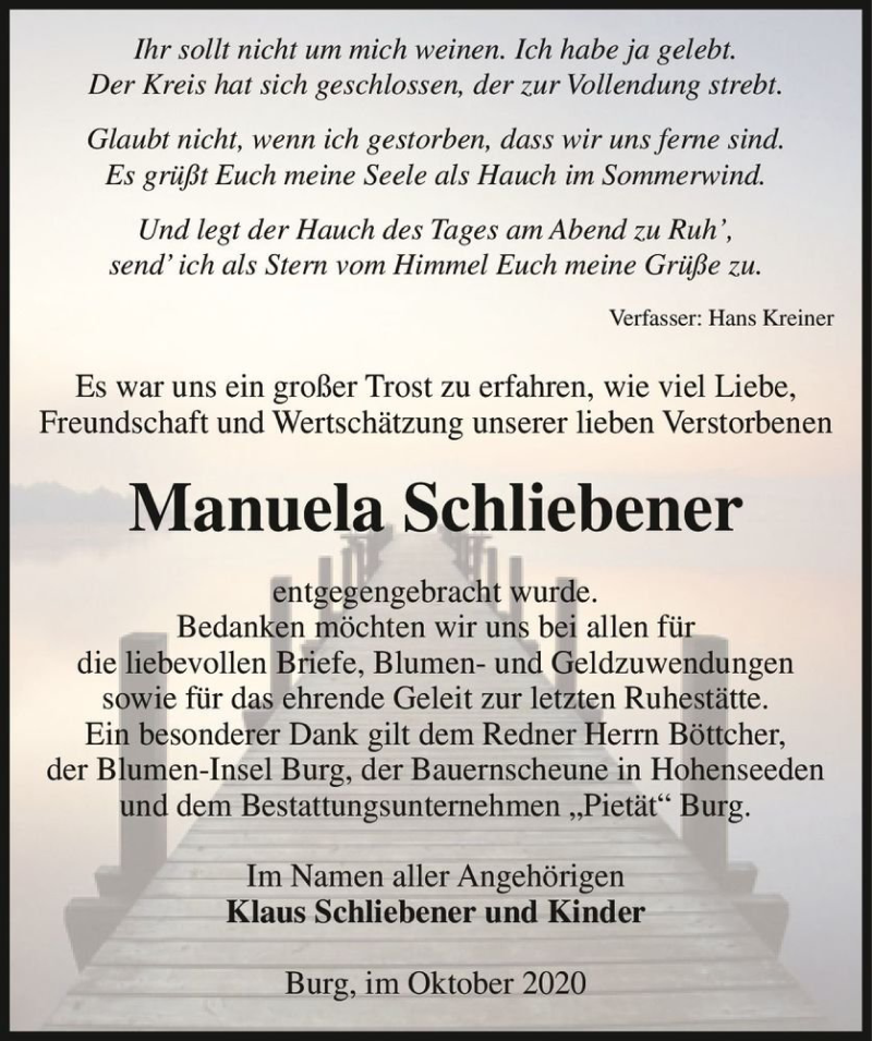  Traueranzeige für Manuela Schliebener  vom 17.10.2020 aus Magdeburger Volksstimme