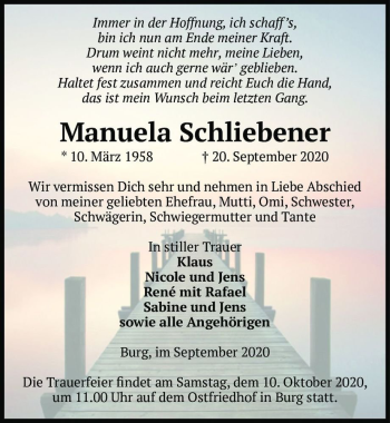 Traueranzeige von Manuela Schliebener  von Magdeburger Volksstimme