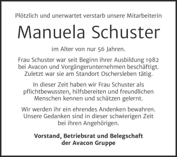 Traueranzeige von Manuela Schuster  von Magdeburger Volksstimme