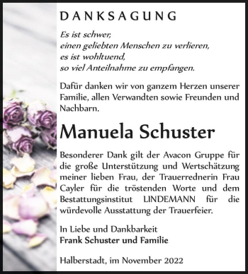 Traueranzeige von Manuela Schuster  von Magdeburger Volksstimme