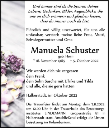 Traueranzeige von Manuela Schuster (geb. Horn)  von Magdeburger Volksstimme