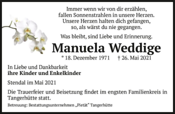 Traueranzeige von Manuela Weddige  von Magdeburger Volksstimme
