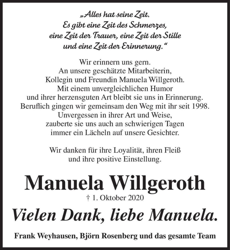  Traueranzeige für Manuela Willgeroth  vom 20.10.2020 aus Magdeburger Volksstimme