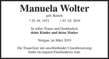 Traueranzeige von Manuela Wolter (geb. Bartels)  von Magdeburger Volksstimme