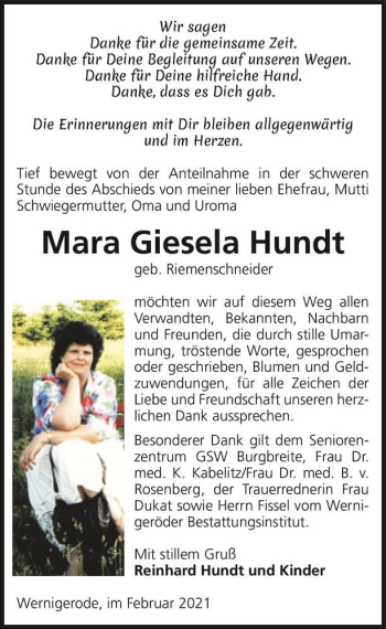 Traueranzeige von Mara Giesela Hundt (geb. Riemschneider)  von Magdeburger Volksstimme