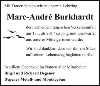 Traueranzeige von Marc-André Burkhardt  von Magdeburger Volksstimme