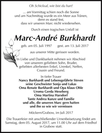 Traueranzeige von Marc-André Burkhardt  von Magdeburger Volksstimme
