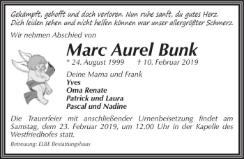 Traueranzeige von Marc Aurel Bunk  von Magdeburger Volksstimme