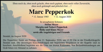 Traueranzeige von Marc Pepperkok  von Magdeburger Volksstimme