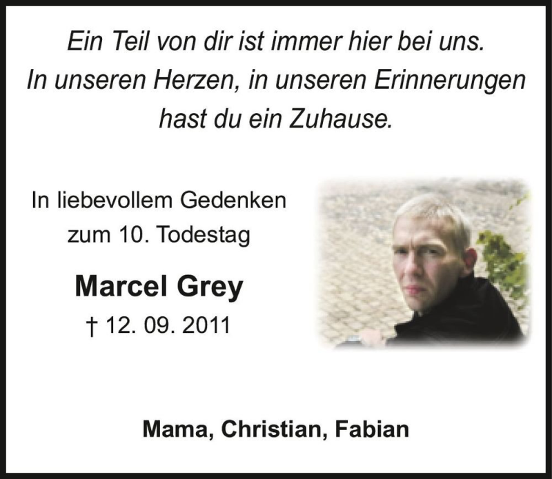  Traueranzeige für Marcel Grey  vom 11.09.2021 aus Magdeburger Volksstimme