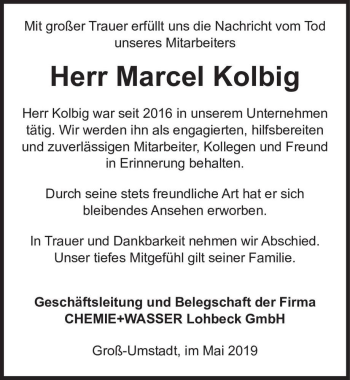 Traueranzeige von Marcel Kolbig  von Magdeburger Volksstimme