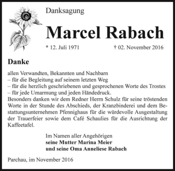 Traueranzeige von Marcel Rabach  von Magdeburger Volksstimme