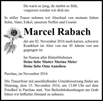 Traueranzeige von Marcel Rabach  von Magdeburger Volksstimme