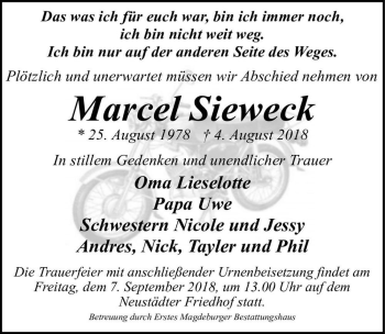 Traueranzeige von Marcel Sieweck  von Magdeburger Volksstimme