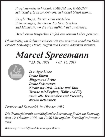 Traueranzeige von Marcel Spreemann  von Magdeburger Volksstimme