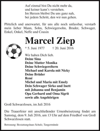 Traueranzeige von Marcel Ziep  von Magdeburger Volksstimme