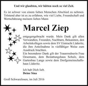Traueranzeige von Marcel Ziep  von Magdeburger Volksstimme