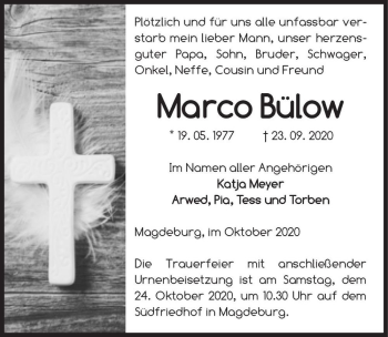 Traueranzeige von Marco Bülow  von Magdeburger Volksstimme