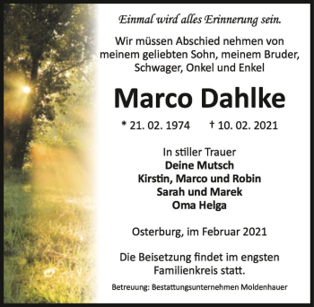 Traueranzeige von Marco Dahlke  von Magdeburger Volksstimme