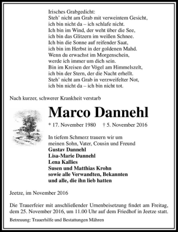 Traueranzeige von Marco Dannehl  von Magdeburger Volksstimme