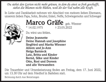 Traueranzeige von Marco Gräfe (geb. Wiesner)  von Magdeburger Volksstimme