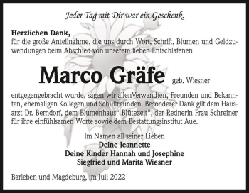 Traueranzeige von Marco Gräfe (geb. Wiesner)  von Magdeburger Volksstimme