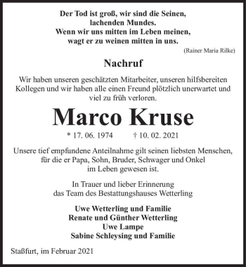 Traueranzeige von Marco Kruse  von Magdeburger Volksstimme